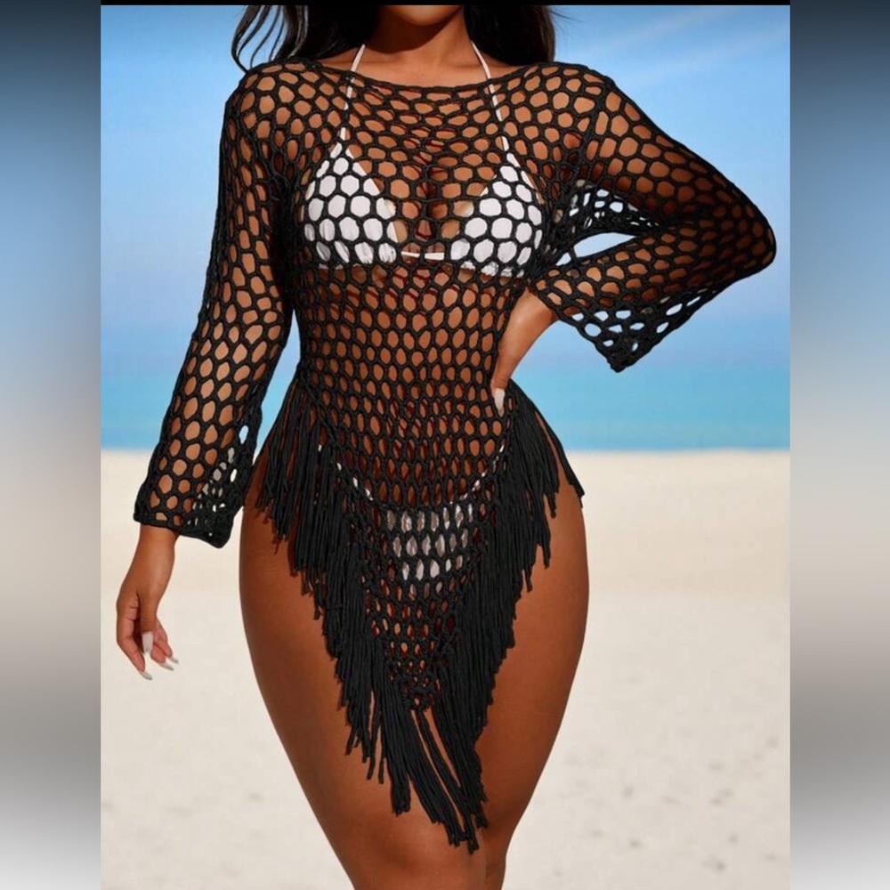 🔥FINAL SALE🔥 Chic Black Fringe Crochet Swim Cover-Up